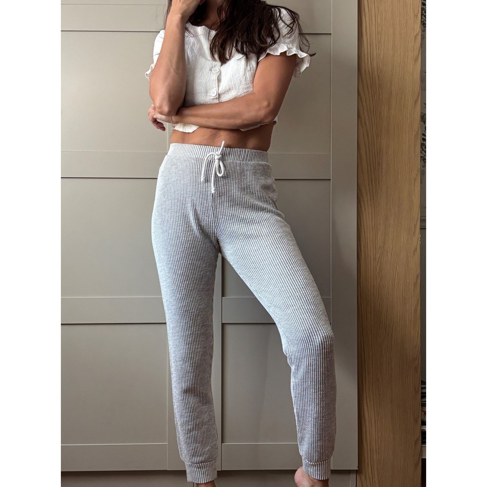 Caution To The Wind Grey White Striped Ribbed Knit Joggers Lounge Pants Womens